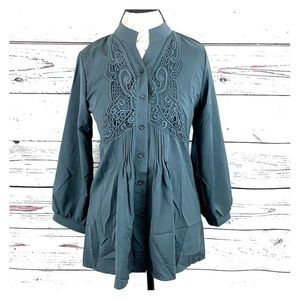 Cadet Blue Embroidered Button Peasant Tunic Top